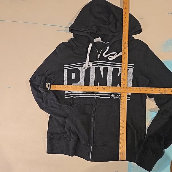 PINK Victoria's Secret Black Hoodie Medium Zip Up Drawstring Big Logo 2015 Y2K - Picture 6 of 7